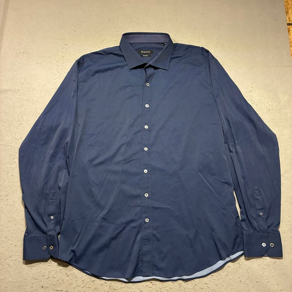 Bugatchi Button Down Shirt Mens 2XL Blue Shaped Fit Stripes Nylon Performance